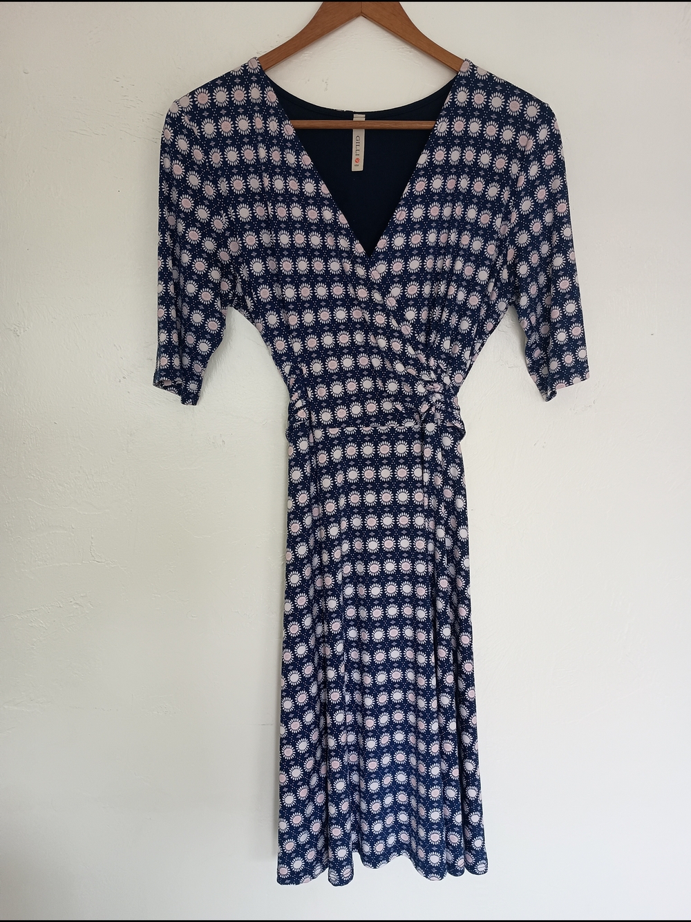 Gilli Navy Blue & Light Pink Printed Wrap Midi Dress